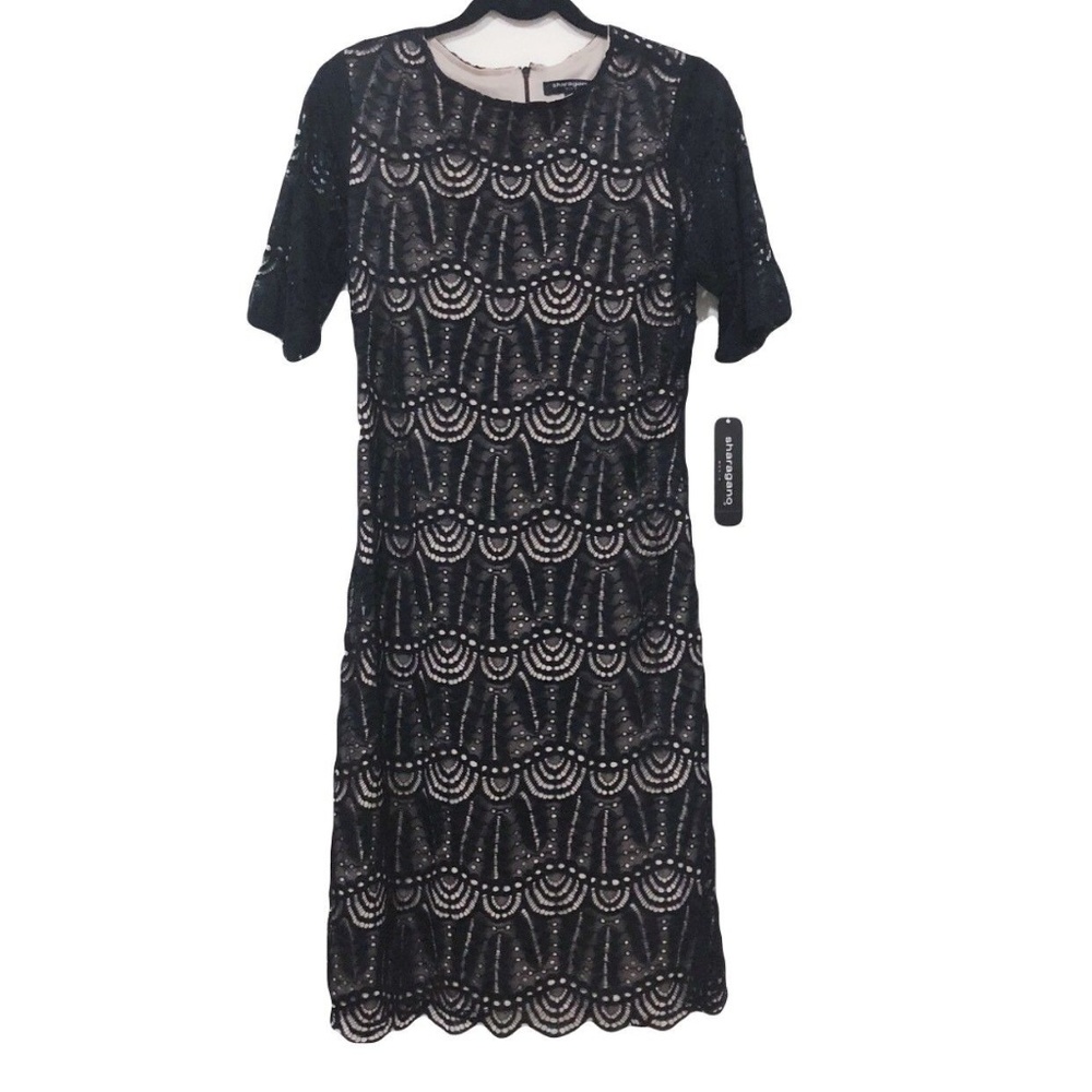 SHARAGANO Black Nude Lace Dress Bodycon Size 8